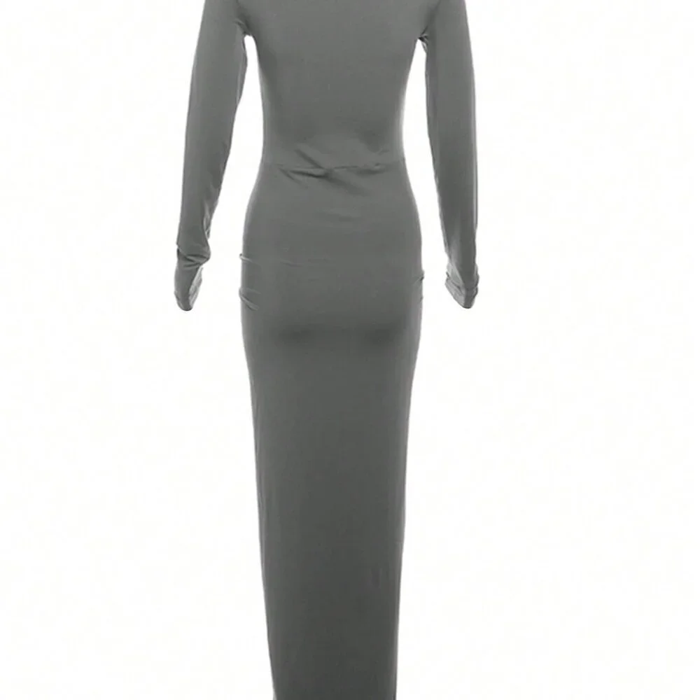 Grey Elegant Women's Ruffled Crew Neck Long Sleeve Fitted Dress - Picture 2 of 4